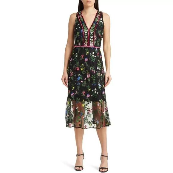 Sam Edelman Botanical Sheer Midi Dress Black with Floral Embroidery Size 0 $168 - Picture 1 of 16